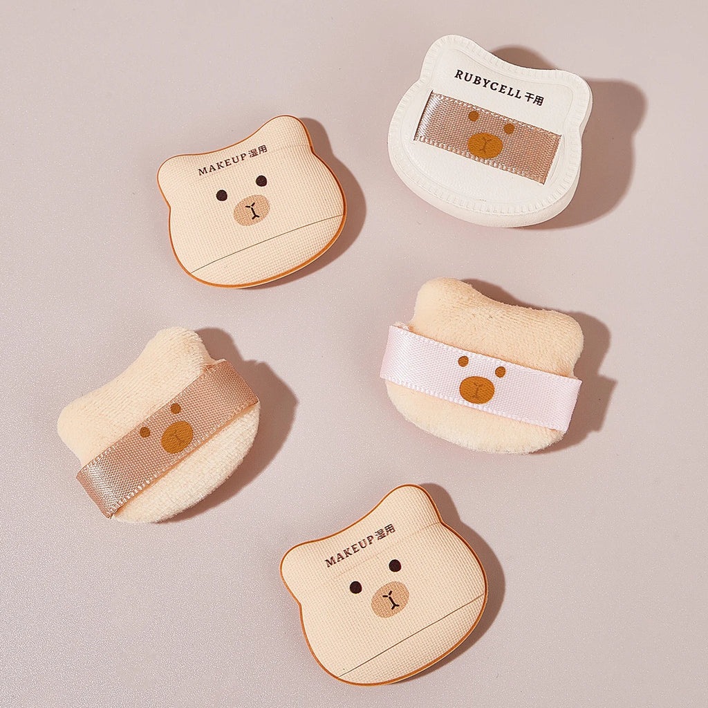 5PCS  Cute Bear Powder Puff Set Soft Flocking Wet & Dry Use Sponge Mini Fingertip Puff for Makeup Application