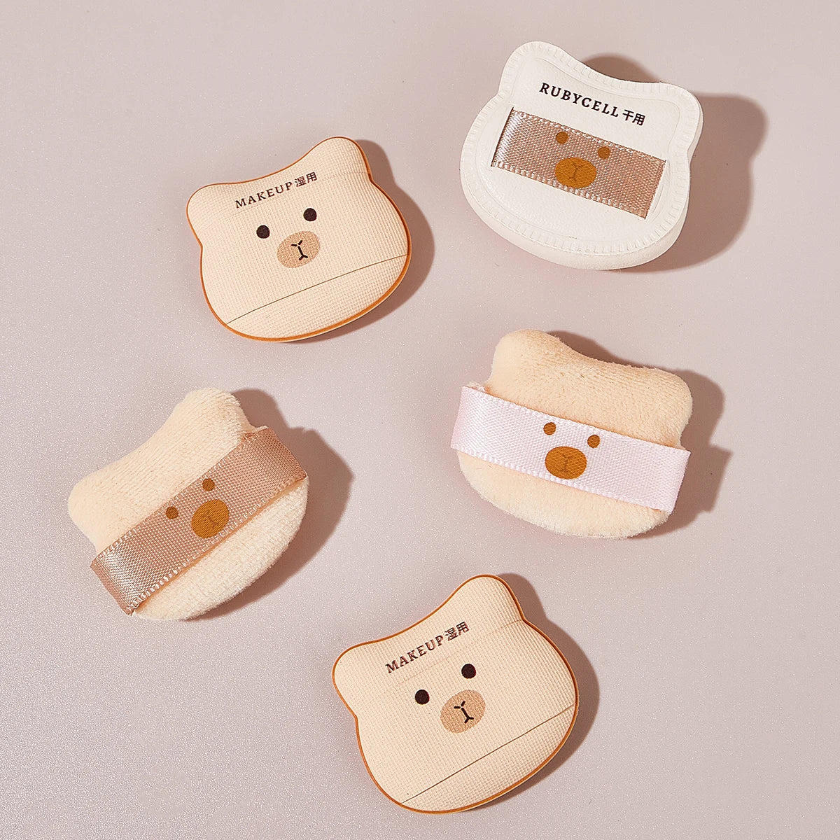 5PCS  Cute Bear Powder Puff Set Soft Flocking Wet & Dry Use Sponge Mini Fingertip Puff for Makeup Application
